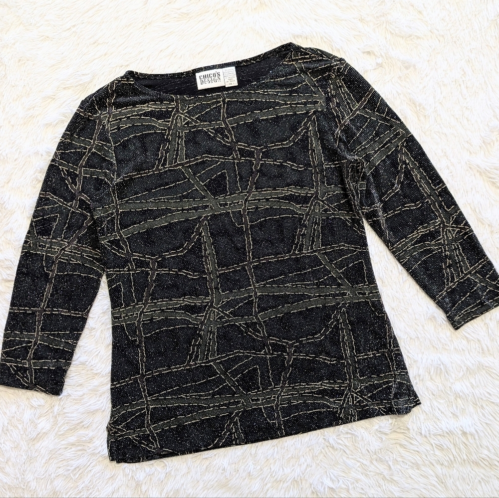 90s Vintage Chico's Sparkly Silver Vintage Olive & Black Abstract Top Size 1/M